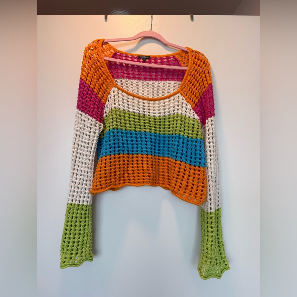 Colorblock Crochet Knit Scoop Neck Sweater - Bright Multi